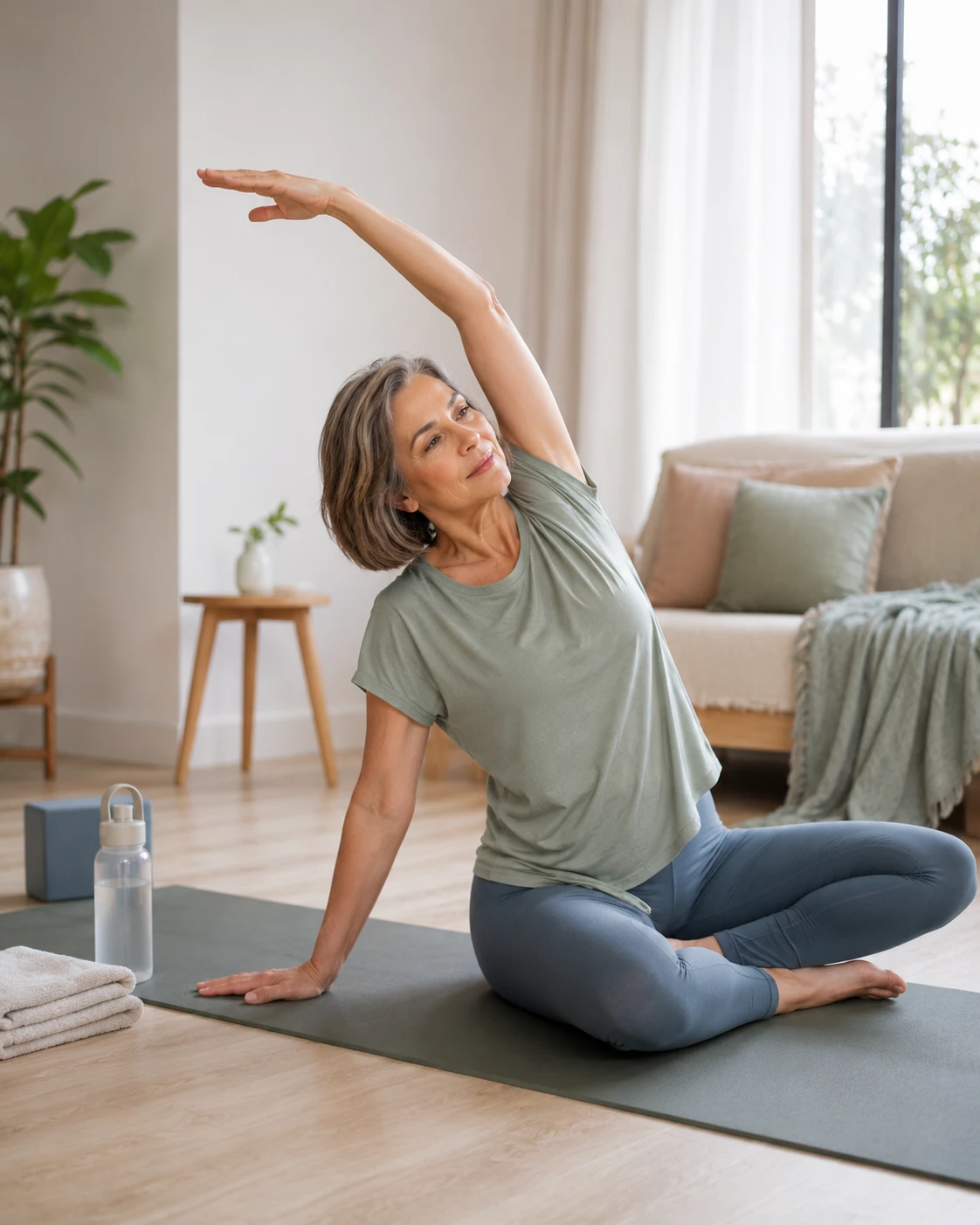 Mujer mayor de 50 años realizando Pilates en casa